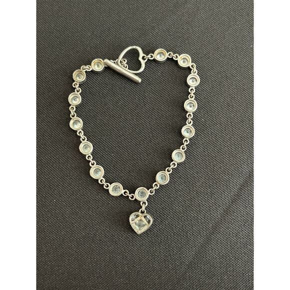 Sterling Silver 925 CZ Bezel Toggle Bracelet w/ Heart Charm Minimalist Jewelry - Picture 2 of 5